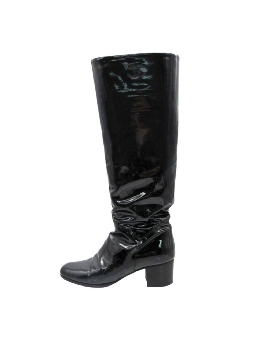 Chanel Boots Long Patent Patent Leather CC Logo Shoes Black